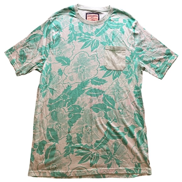Hudson & Barrow Shirt Mens Large Floral Hawaiian AOP Pocket Short Sleeve Green - Picture 1 of 7